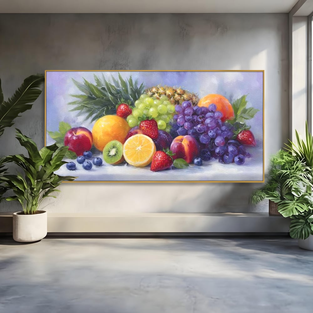 Tablou canvas cu pictura cu cos de fructe, in rama de aluminiu auriu